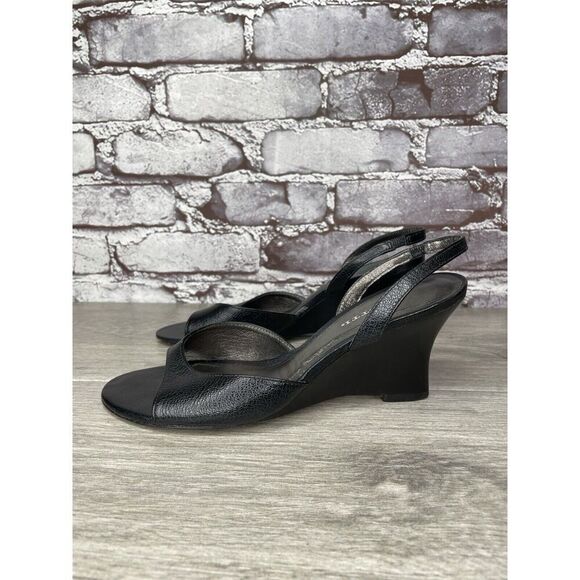 Vigotti Black Leather Open Toe Slingback High Wedge Sandals Women Sz 7W US/38EU - Picture 1 of 16